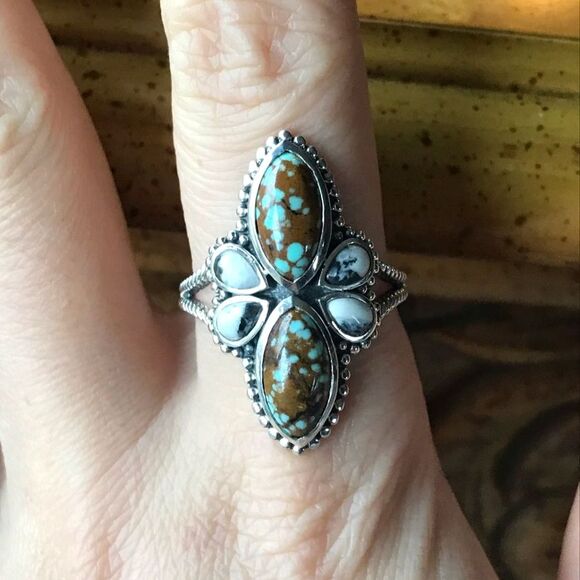 Natural White Buffalo Blue Turquoise Sterling Silver Ring Size 10 - Picture 1 of 8